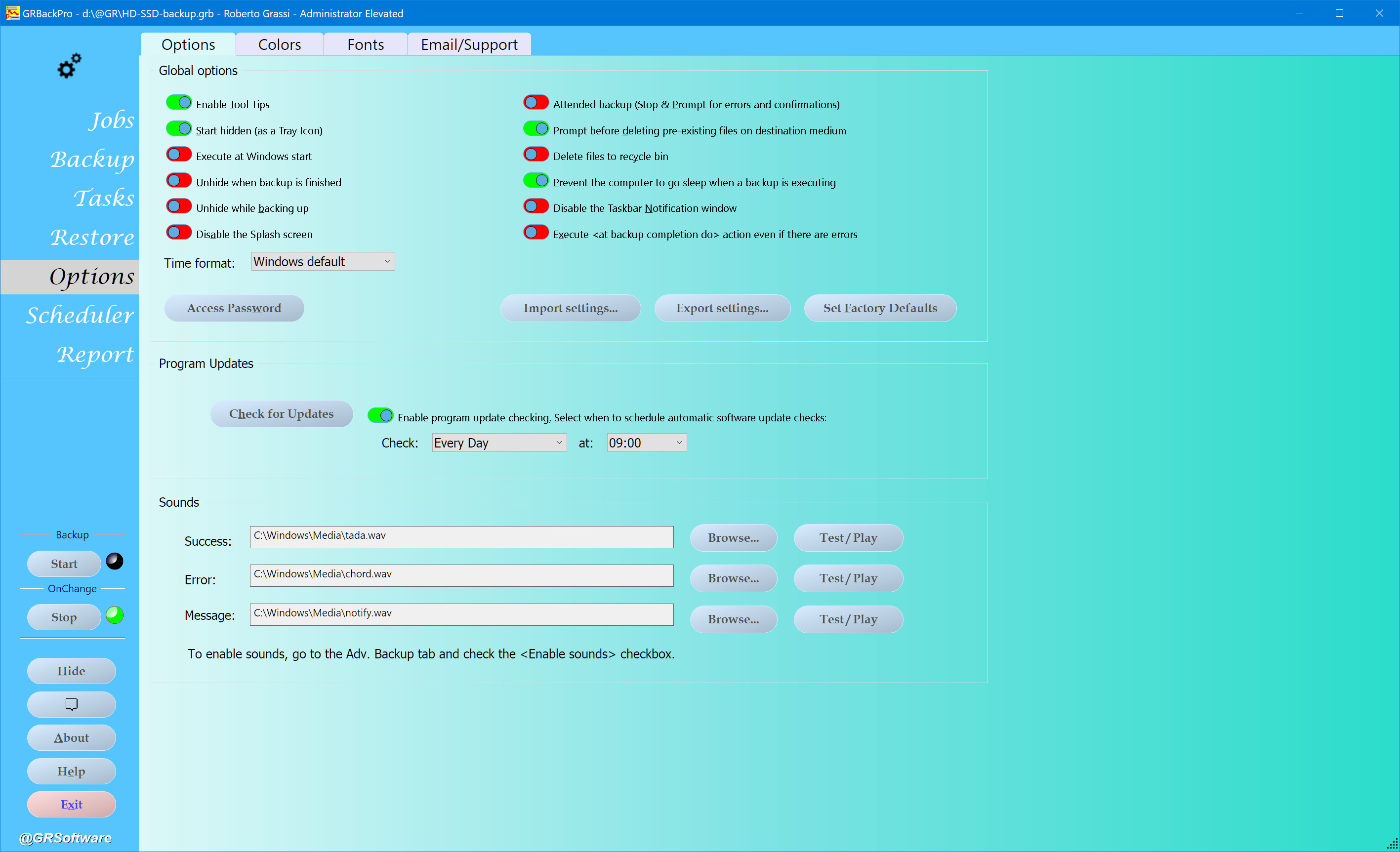 Backup Software Options dialog image