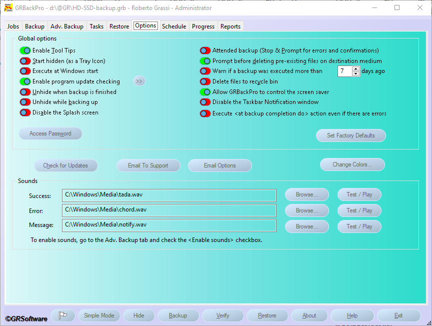 Backup Software Options dialog image