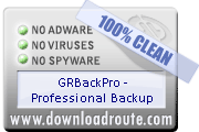 GRBackPro - Professional Backup received 100% CLEAN award on DownloadRoute.com