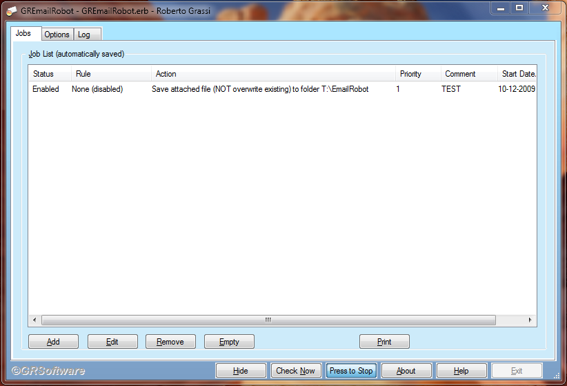 GRSoftware Email Robot Job tab example